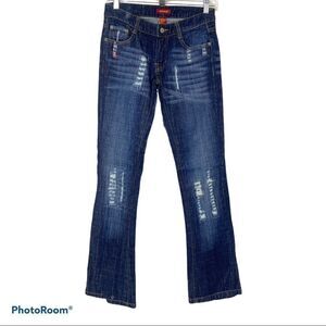 Blue asphalt embroidered distressed blue jeans 0